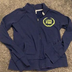 PINK Full Zip Blue Sweatshirt W/ Lime Green Detail